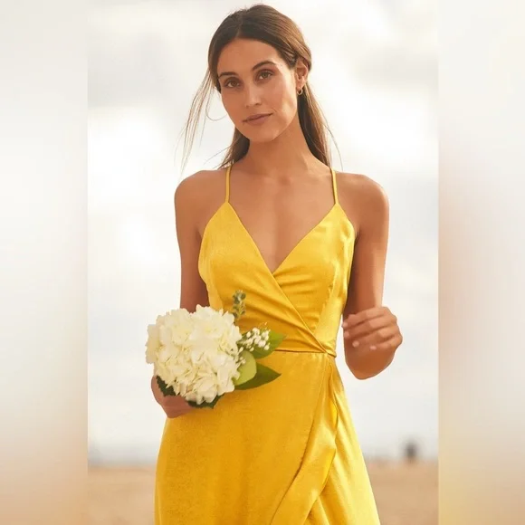 NWOT‎ Lulus In Love Forever Mustard Yellow Satin Lace-Up High-Low Maxi Dress - Picture 5 of 10